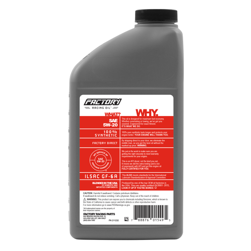 Factory Racing Parts Oil Change Kit Fits Dodge Grand Caravan 3.3L 2001-2002 / 3.8L 2004-2010, Neon 2.0L 2004-2005 5W-20 Full Synthetic Oil - 5 Quarts